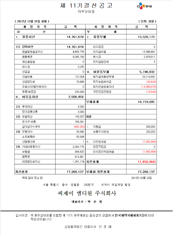 씨제이 엠디원 주식회사 제11기 결산공고 자세한 내용은 PDF 첨부 파일 참고